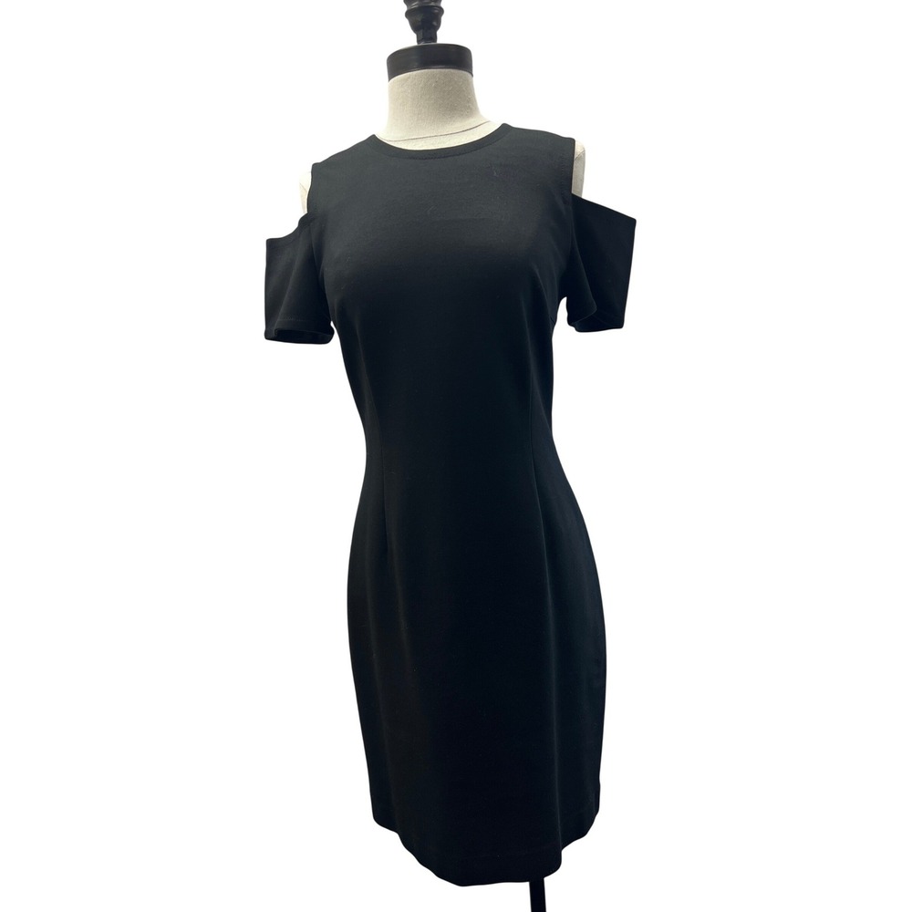 Trina Turk Sheath Dress Womens 6 Black Excellent‎ Cold Shoulder Lace Trim 147133